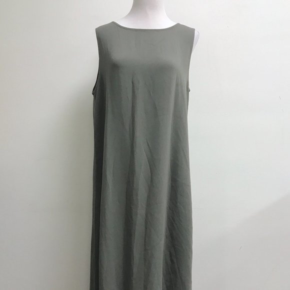 Eileen Fisher gray full length silk maxi dress shift sleeveless scoop neck L